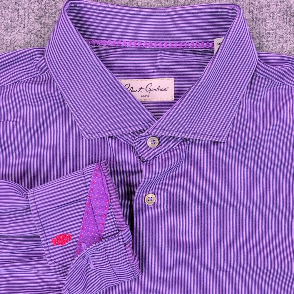 Robert Graham Button Down Shirt Men 18.5 Big Purple Striped Contrast Cuff Cotton